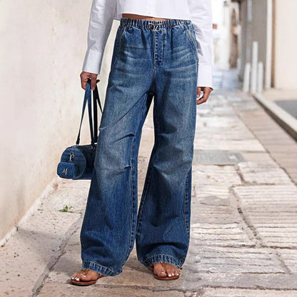 Damen Jeanshose Elastisch Weites Bein Lässig