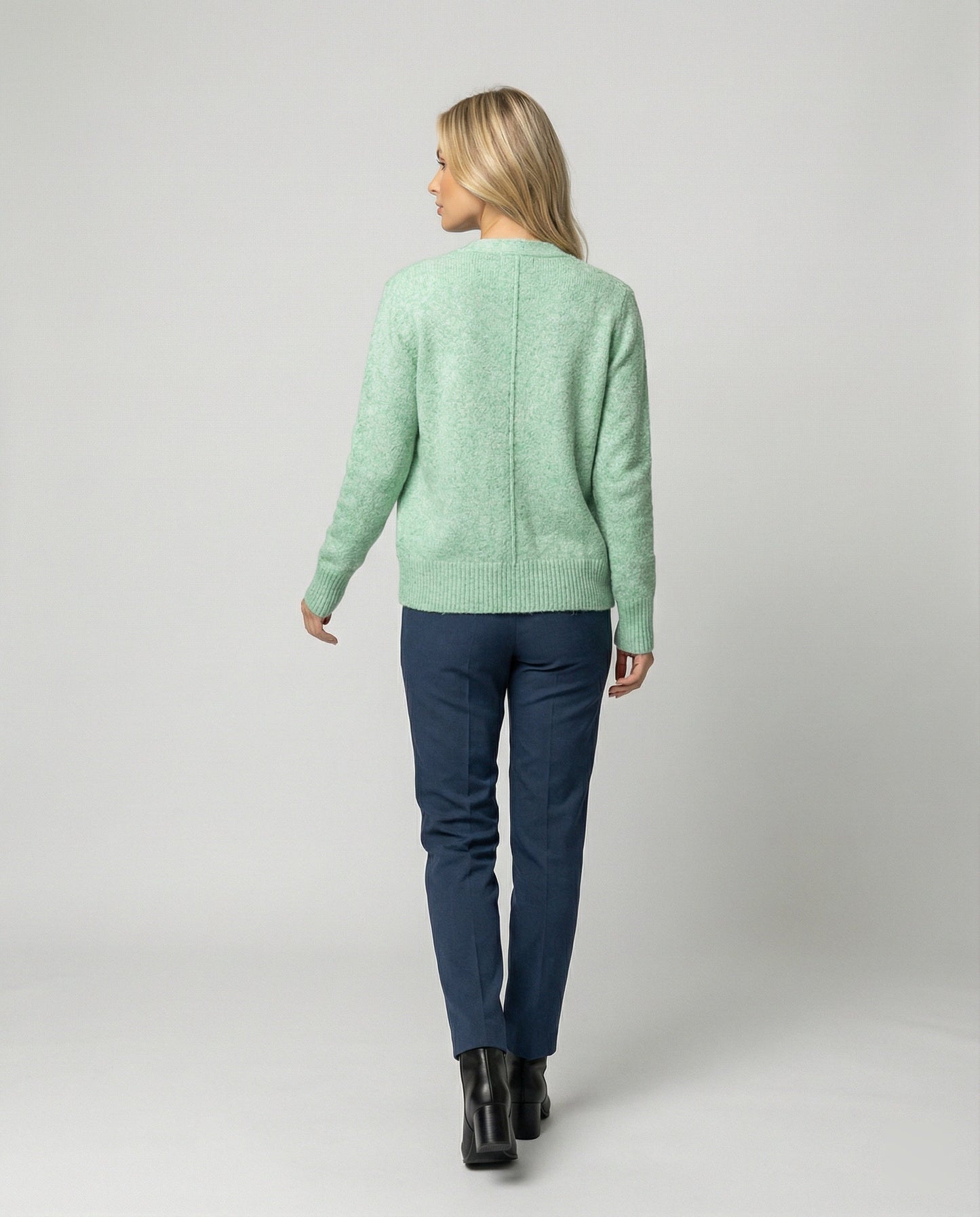 Damen Cardigan Feinstrick Melange mit Perlmuttknöpfen Hüftlang