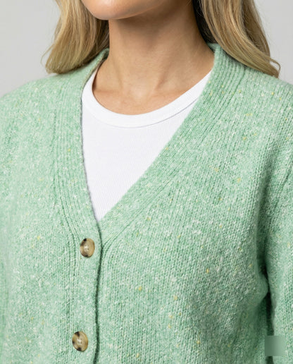 Damen Cardigan Feinstrick Melange mit Perlmuttknöpfen Hüftlang