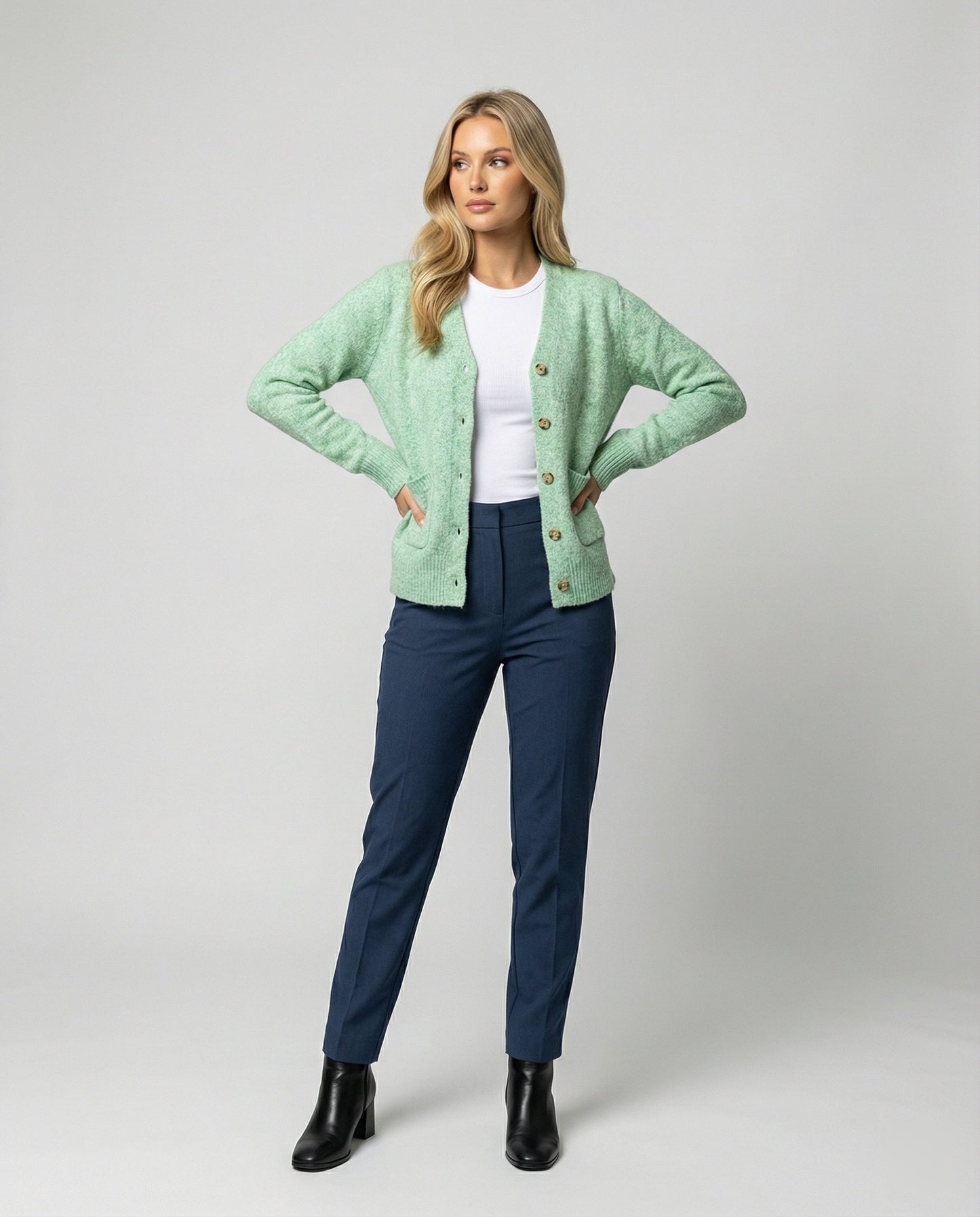 Damen Cardigan Feinstrick Melange mit Perlmuttknöpfen Hüftlang