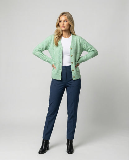 Damen Cardigan Feinstrick Melange mit Perlmuttknöpfen Hüftlang