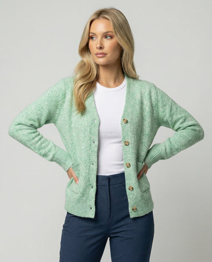 Damen Cardigan Feinstrick Melange mit Perlmuttknöpfen Hüftlang - Norvielle