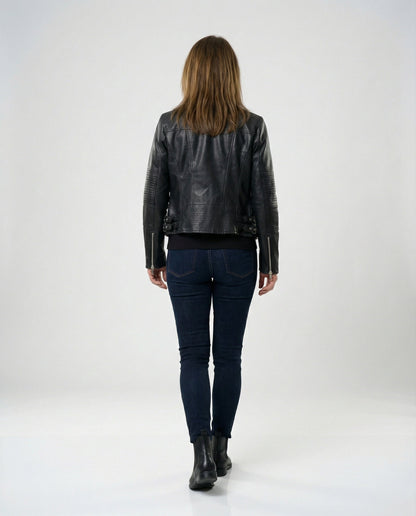 Damen Lederjacke Biker Kurz Tailliert Asymmetrisch