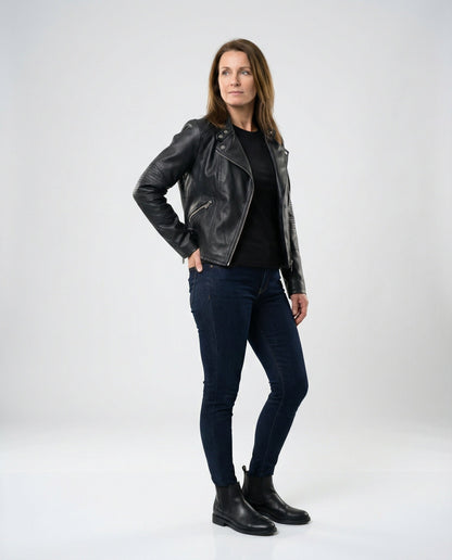 Damen Lederjacke Biker Kurz Tailliert Asymmetrisch
