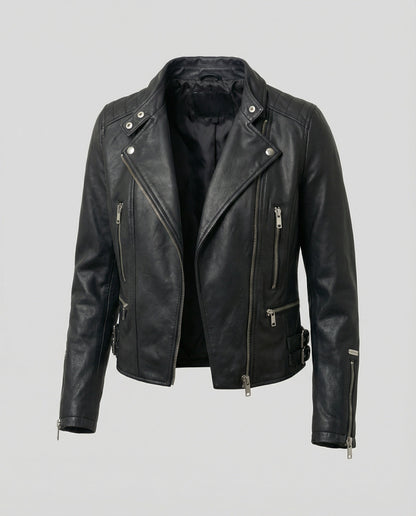 Damen Lederjacke Biker Kurz Tailliert Asymmetrisch