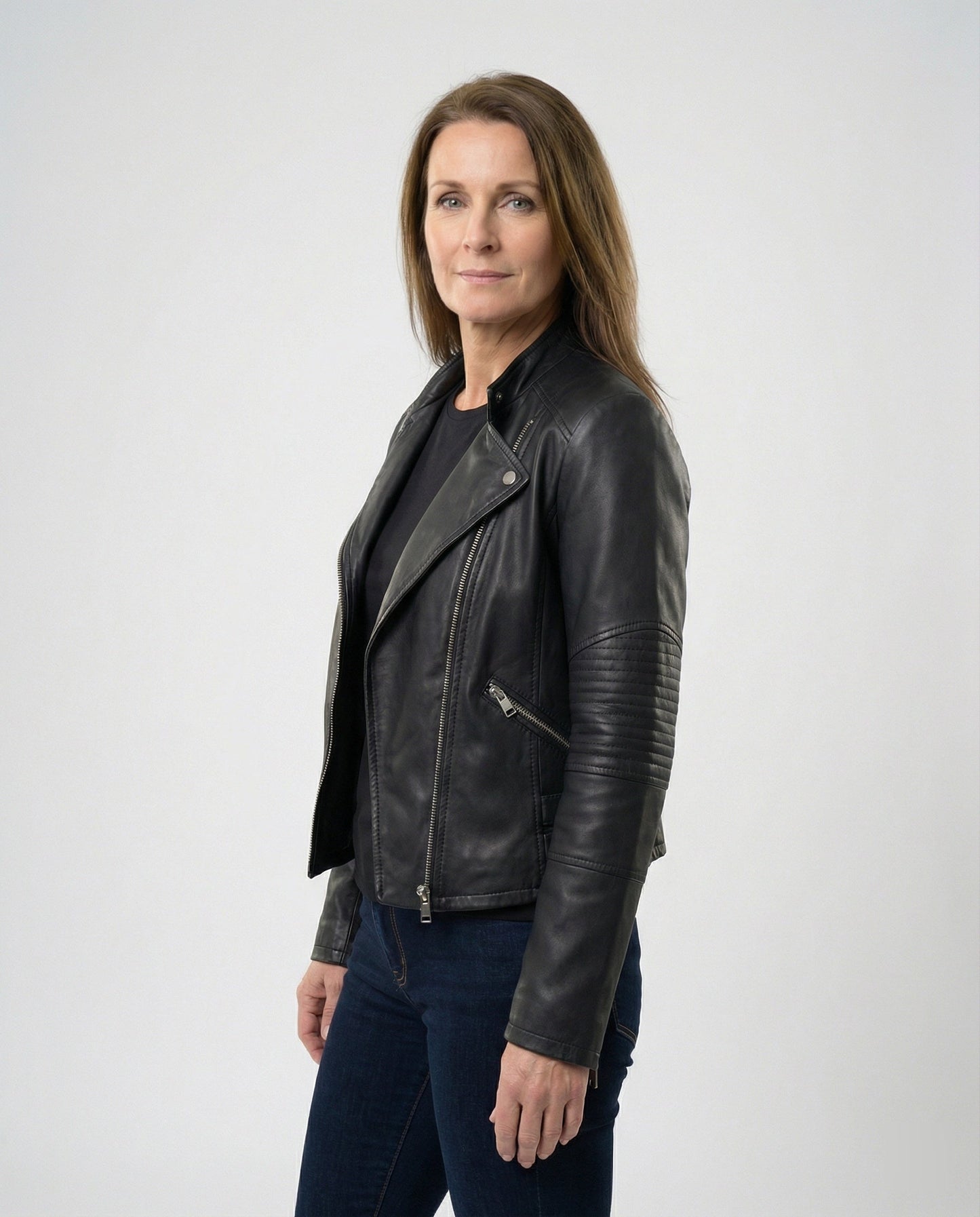 Damen Lederjacke Biker Kurz Tailliert Asymmetrisch - Norvielle