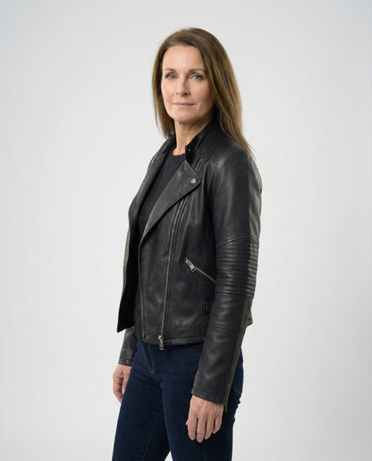 Damen Lederjacke Biker Kurz Tailliert Asymmetrisch - Norvielle