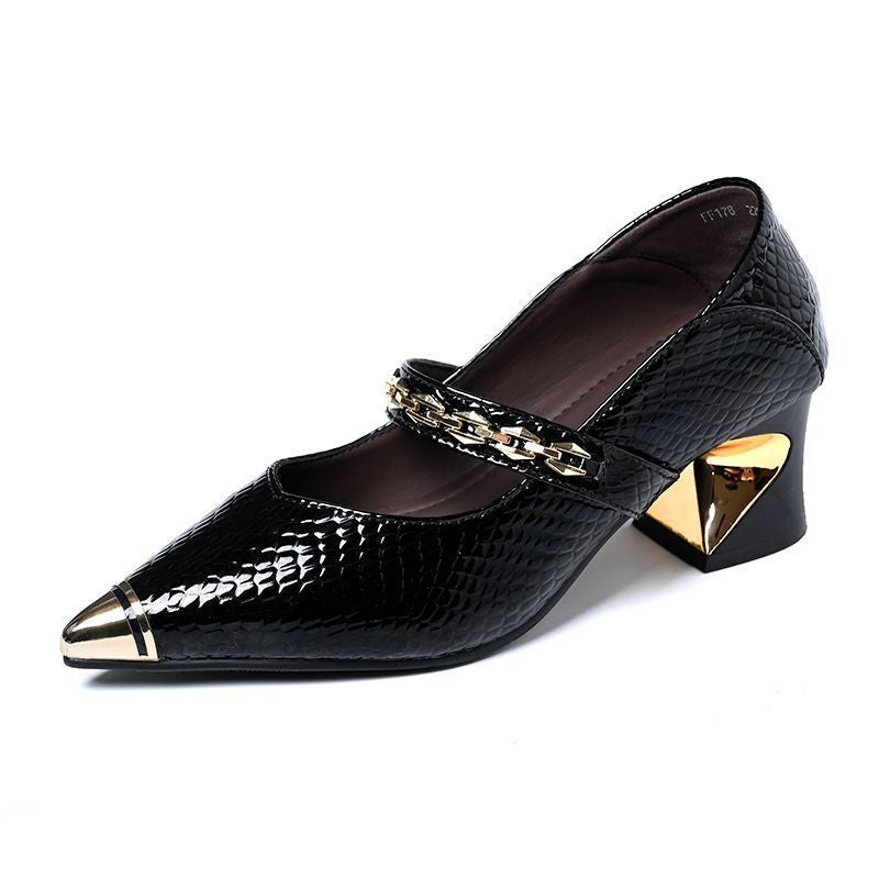 Damen Hochhackige Pumps mit Blockabsatz und Kettenriemen