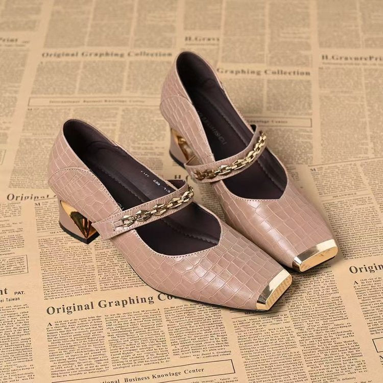 Damen Schuhe Blockabsatz Elegantes Ketten Detail