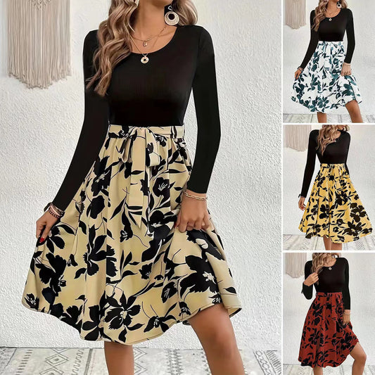 Damen Midikleid Floral Gesmoktes Oberteil Schwarz - Norvielle