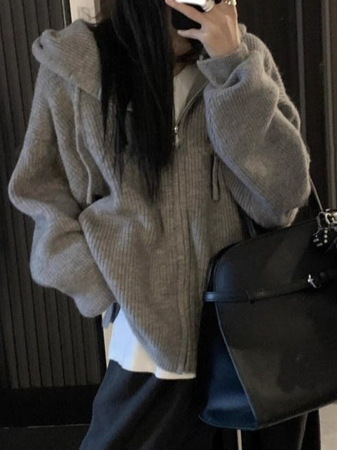 Damen Strickhoodie Großzügig mit Kapuze und Reißverschluss Weich