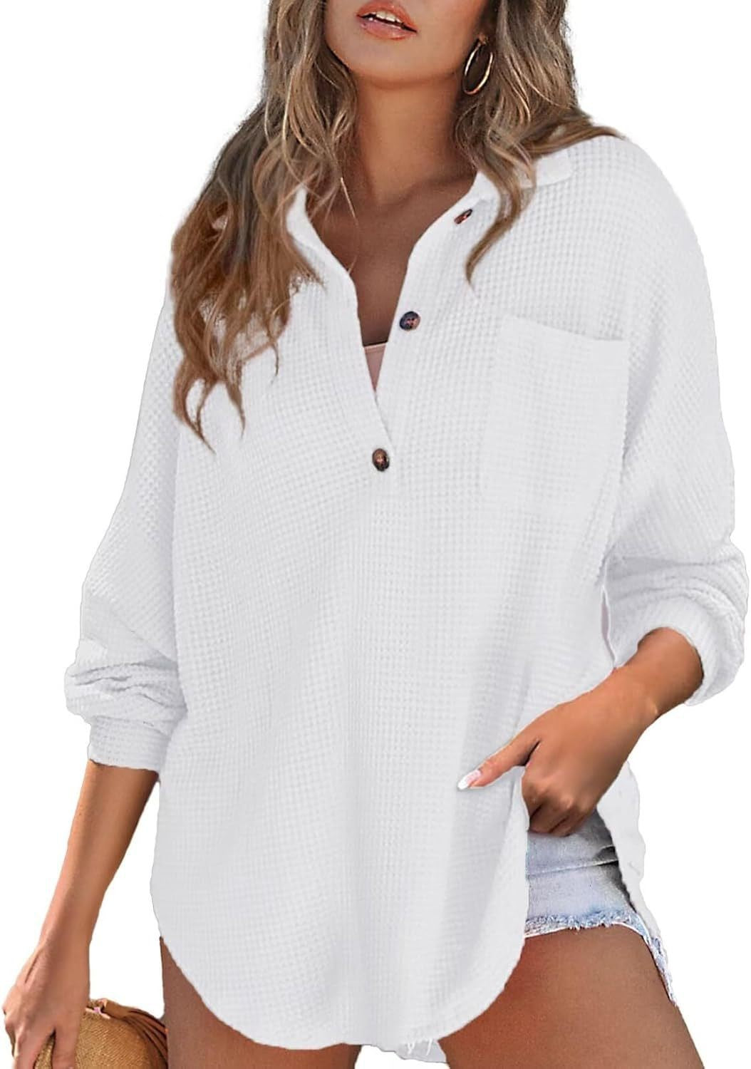 Damen Oversized Baumwollhemd mit Brusttasche und Knöpfen
