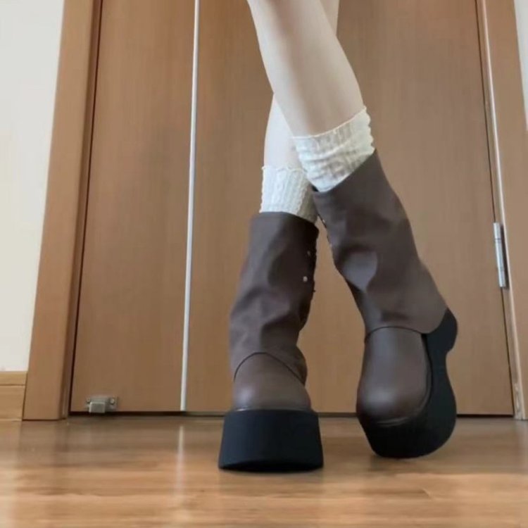 Damen Plateau Stiefel Mit Riemen Reißverschluss Modern Design