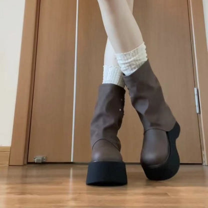 Damen Plateau Stiefel Mit Riemen Reißverschluss Modern Design