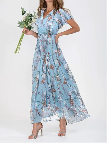 Damen Langarm Maxikleid Chiffon Blumenmuster