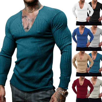 Herren Langarm-Shirt V-Ausschnitt Strukturiert Schwarz - Norvielle