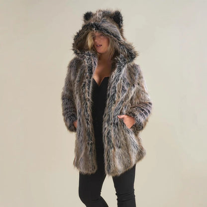 Damen Faux-Fur-Mantel Warm Kapuze Ohrenschützer