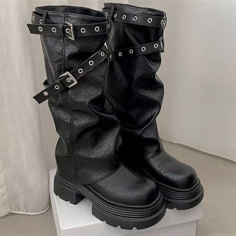 Damen Plateau-Stiefel Schnallenverschluss Elegantes Design