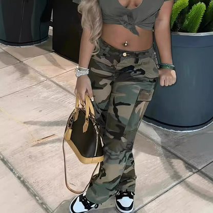 Damen Cargohose Camouflage Robust Mit Taschen
