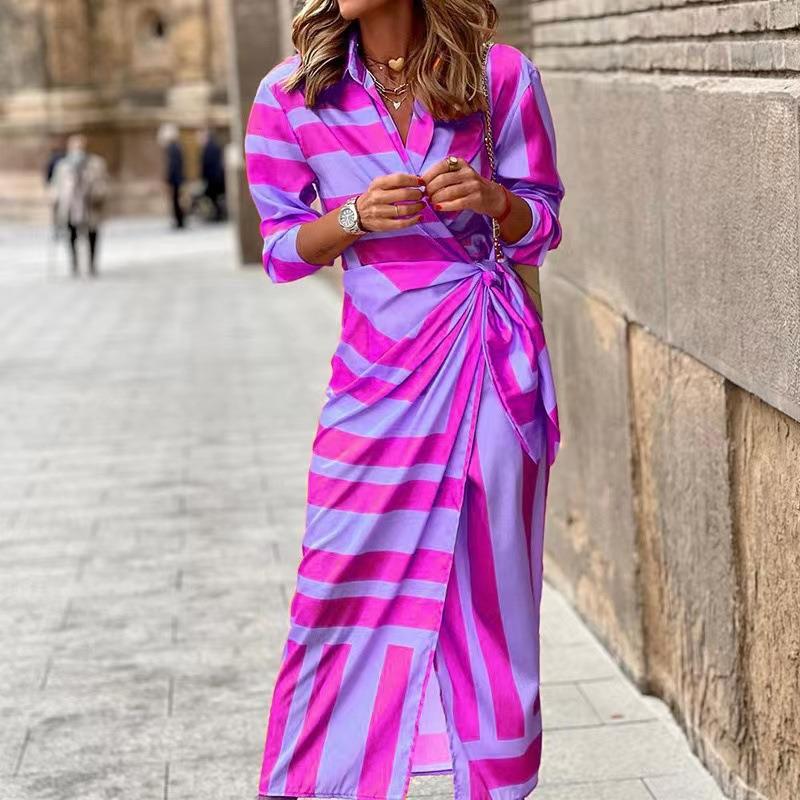 Damen Maxikleid Asymmetrisch Streifen Lang Modern