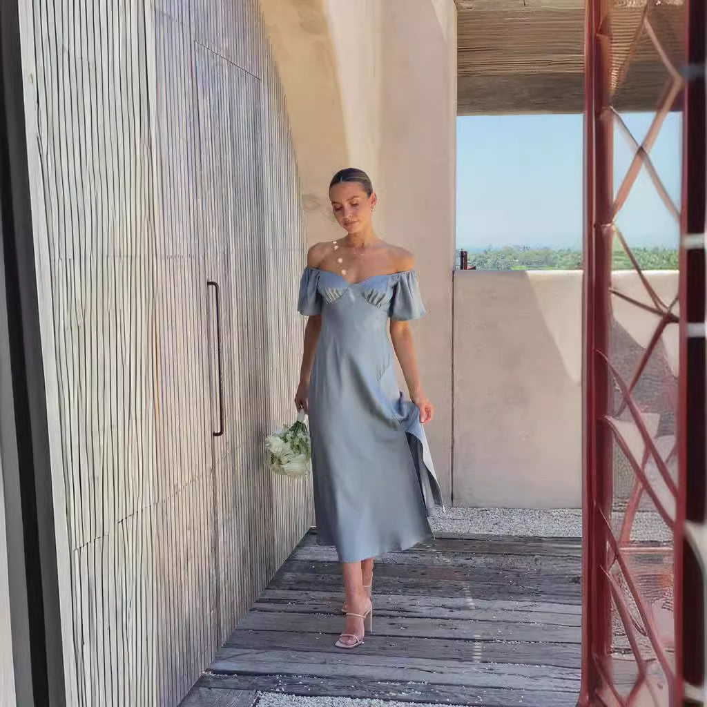 Damen Off-Shoulder Maxikleid Rüschen Elegant Schlitz