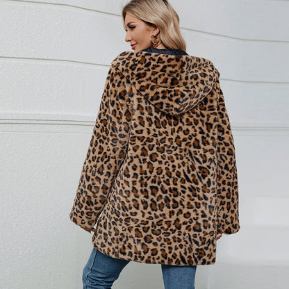 Damen Plüschmantel Leopardenmuster Weich Warm