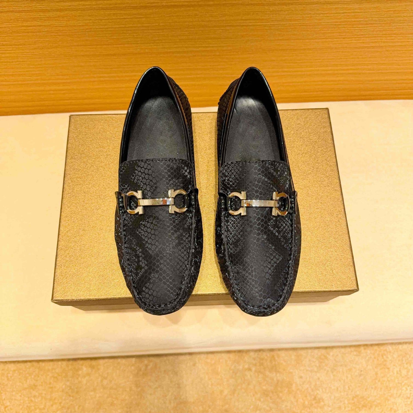 Herren Mokassin Schlangenleder Metallverschluss Elegant Schwarz - Norvielle