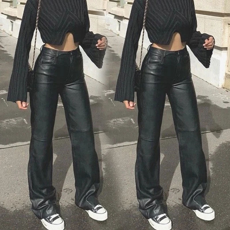 Damen Kunstlederhose Weitbein Elegant