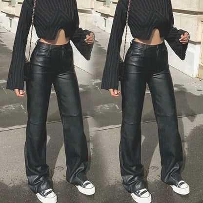 Damen Kunstlederhose Weitbein Elegant