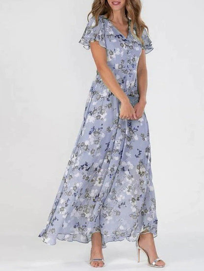 Damen Langarm Maxikleid Chiffon Blumenmuster