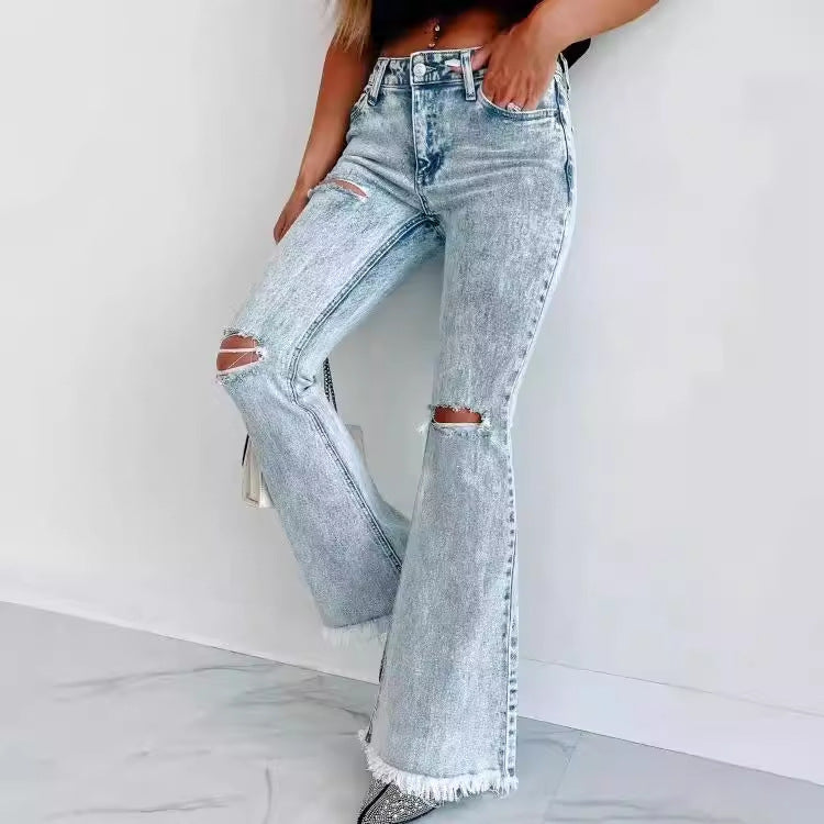 Damen Flare Jeans Ripped mit Fransen Schwarz - Norvielle