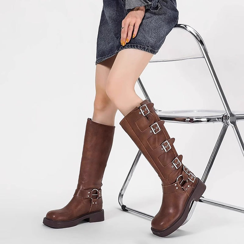 Damen Stiefel Schnalle Blockabsatz Robust Schwarz - Norvielle