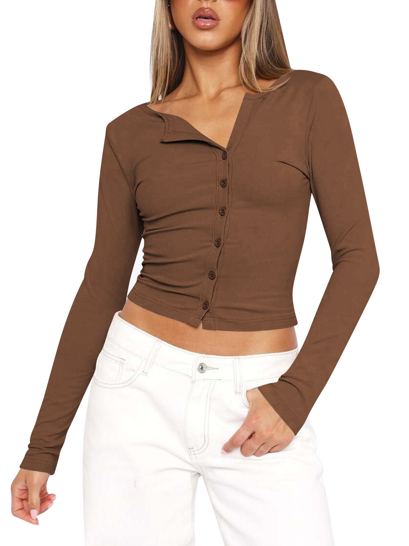 Damen Langarmshirt Figurbetont V-Ausschnitt Elegant