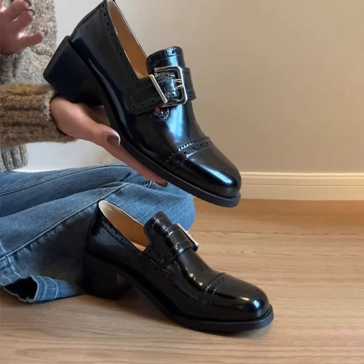 Damen Schnürschuhe Elegant Schnalle Detail Schwarz - Norvielle