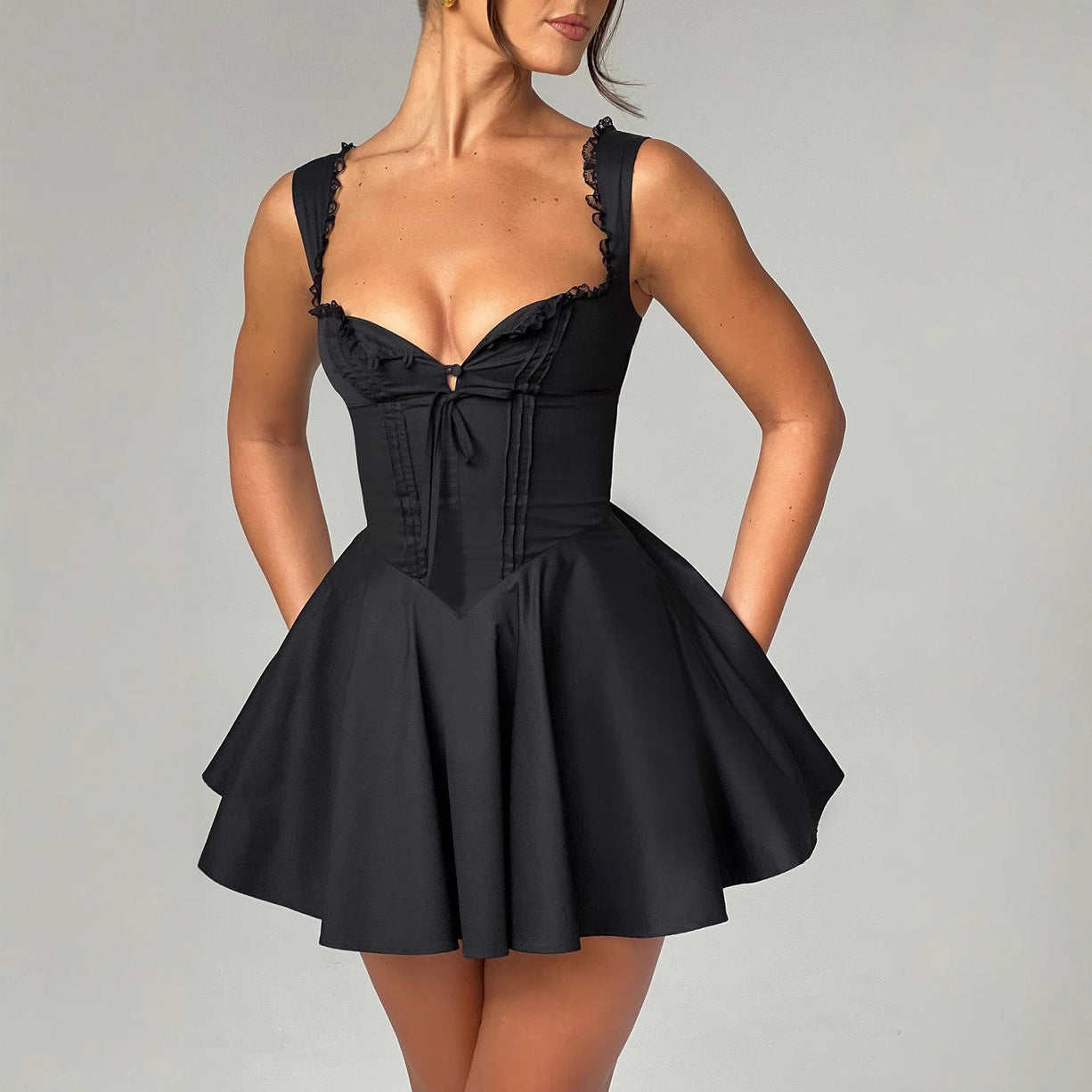 Damenkleid Kurz V-Ausschnitt Rüschen