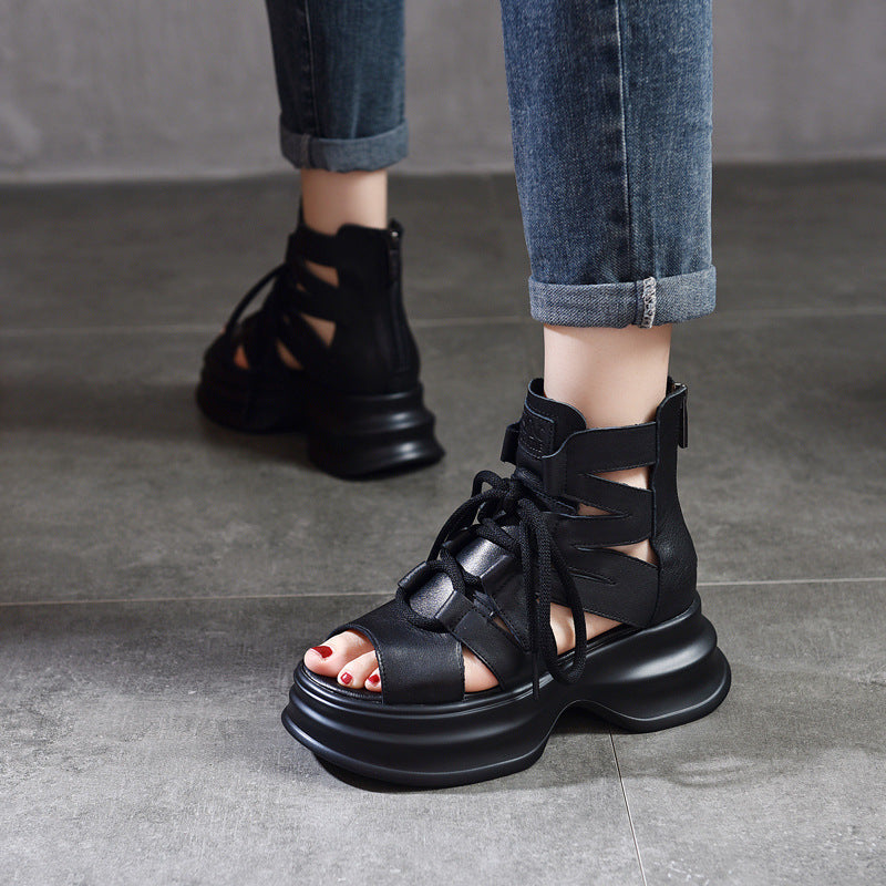 Damen Plateau Sandalen Leder Schnürsystem Modern