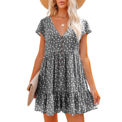 Damen Sommerkleid Blumenmuster Knöpfe Elegant