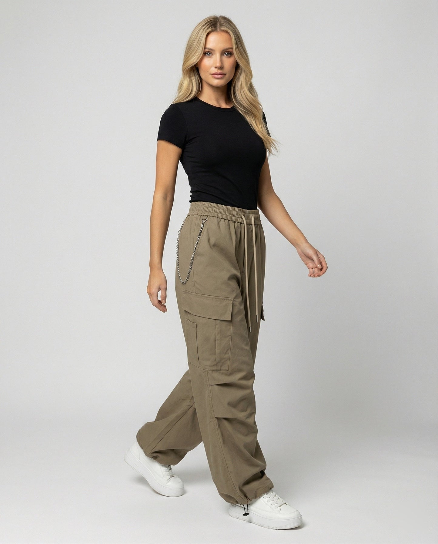 Damen Cargo-Hose Bequem Weit mit Kordelzug und Saumverstellung