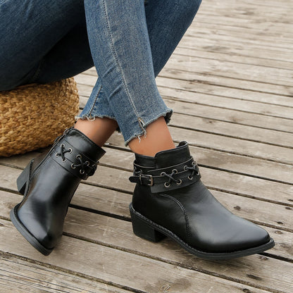 Damen Stiefeletten Schnür-Detail Schwarz Leder - Norvielle