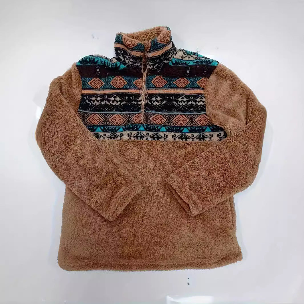 Damen Fleece Pullover Blumenmuster Halbhoch Reißverschluss