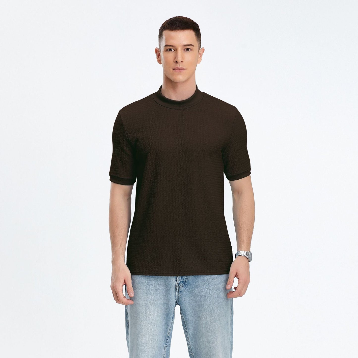 Herren T-Shirt Kurzarm Stehkragen Strukturstoff