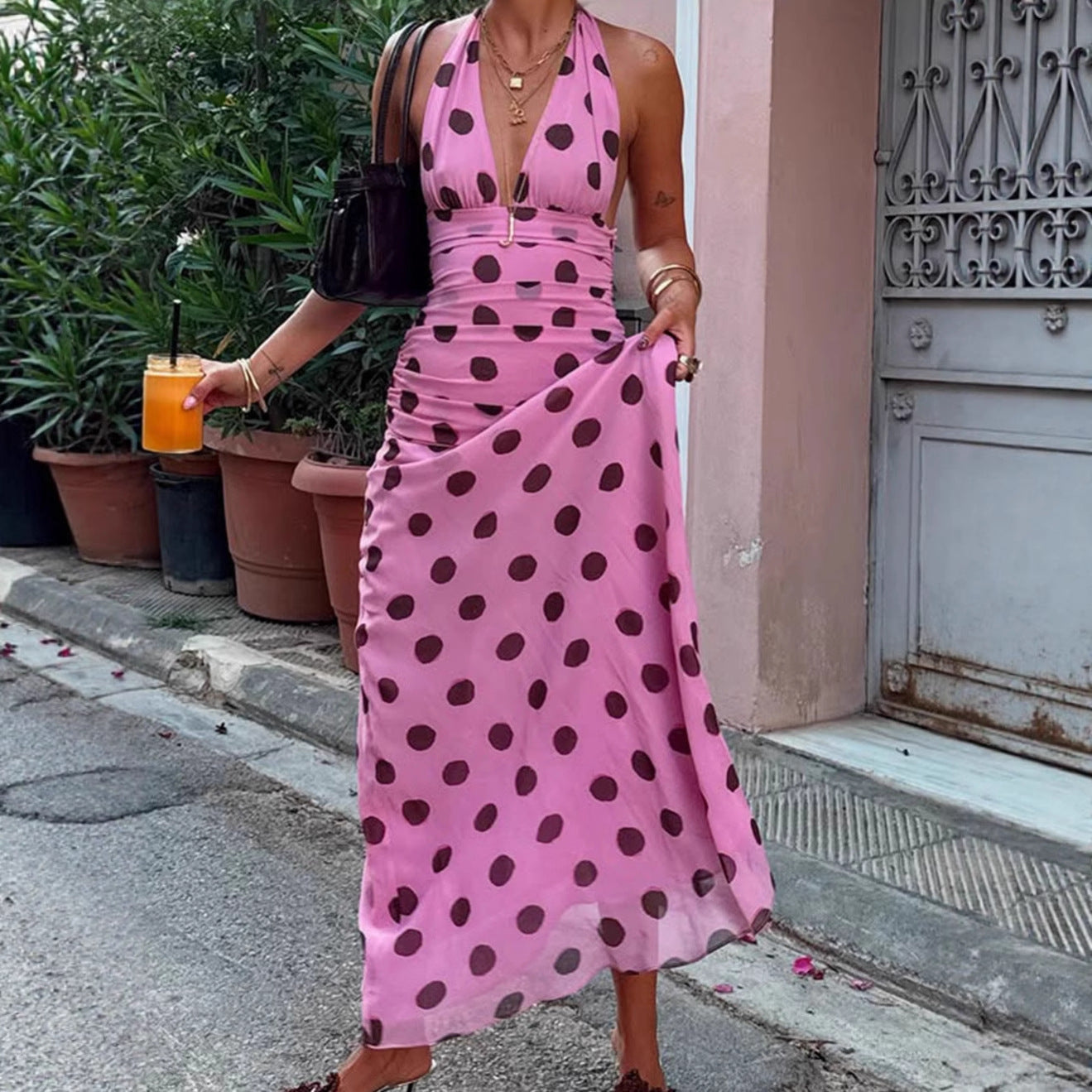Damen Maxikleid V-Ausschnitt Punkte