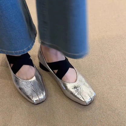 Damen Ballerinas Mit Kreuzriemen Bequem