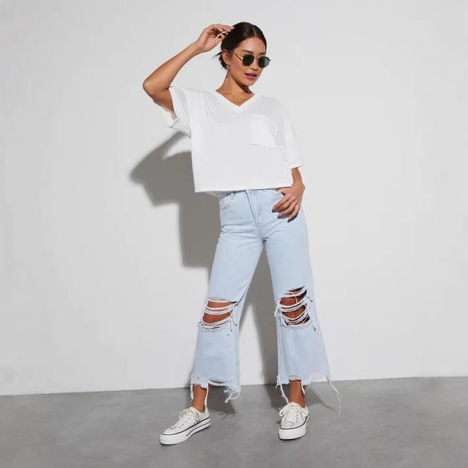 Damen Ripped Mom Jeans Rippen-Details Blau