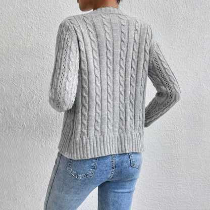 Damen Strickjacke Zopfmuster Knöpfe Grau