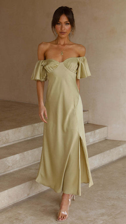 Damen Maxikleid mit Rüschendetails und Schlitz für den Sommer