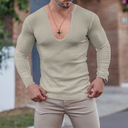 Herren Langarm-Shirt V-Ausschnitt Strukturiert