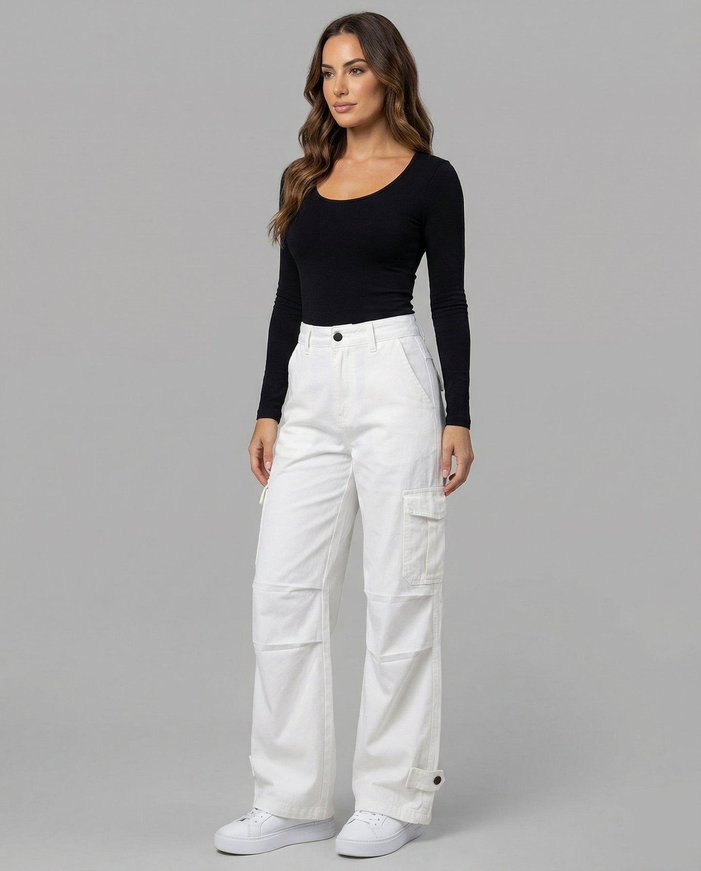 Damen Cargo-Hose Weites Bein Elastischer Bund Klappentaschen