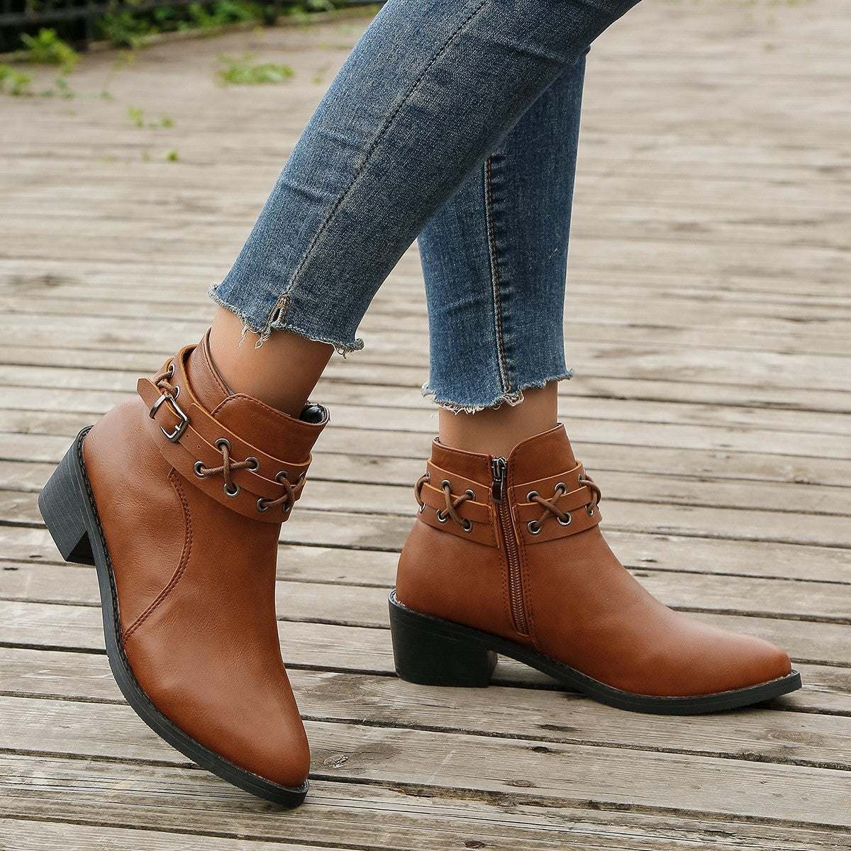 Damen Stiefeletten Schnür-Detail Leder