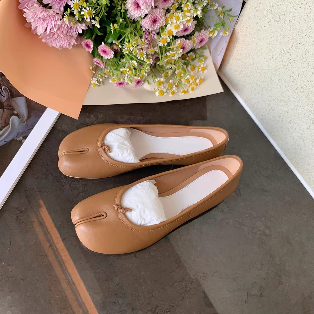 Damen Ballerinas Glänzend Mit Schleife